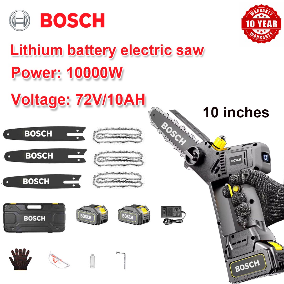 10-inch brushless lithium electric saw power 10000W 72V10.0Ah battery * 2 + charger + guide bar * 3 + chain * 3 + tool box + lubricant + other accessories + 10-year warranty + local user manual