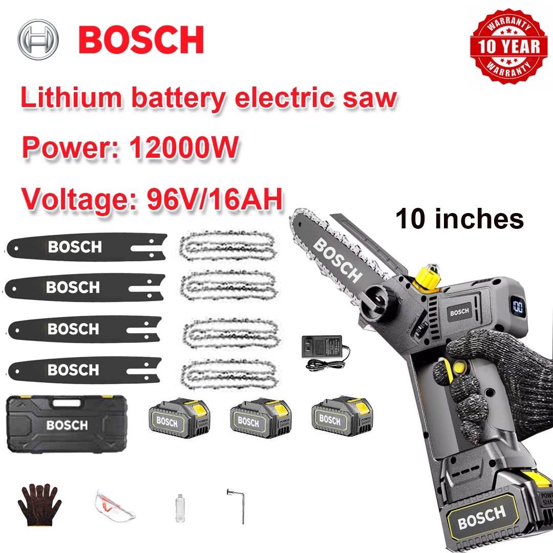 10-inch brushless lithium electric saw power 12000W 96V16.0Ah battery * 3 + charger + guide bar * 4 + chain * 4 + tool box + lubricant + other accessories + 10-year warranty + local user manual